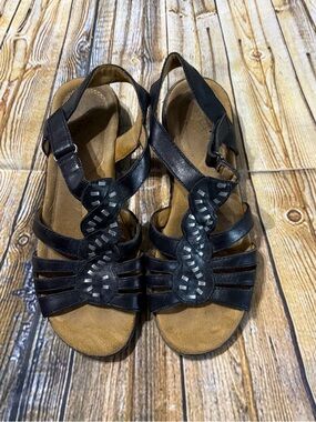 Natural Soul Barroll Black Leather Ankle Strap Sandals Boho Comfort